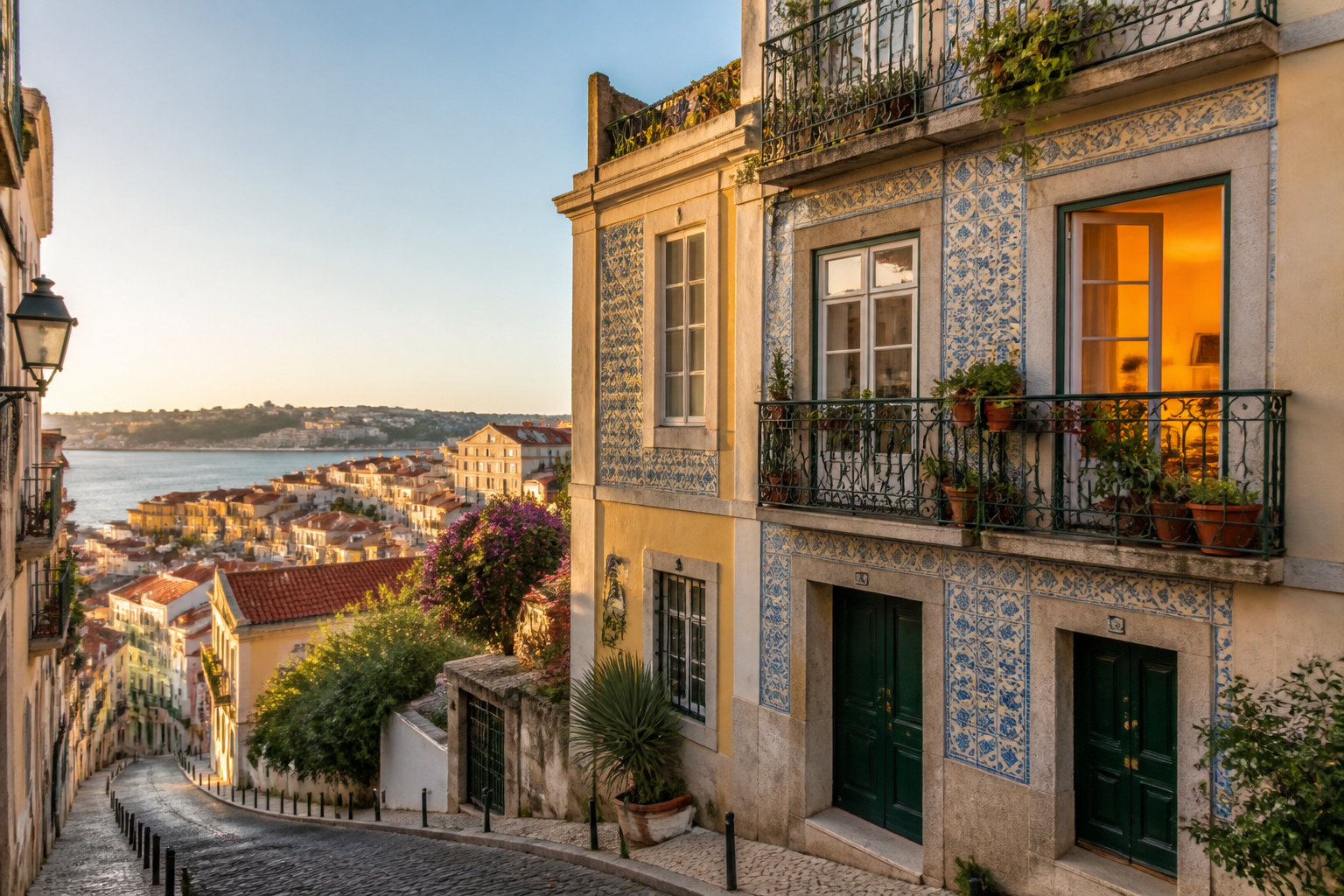 Facade lisboete au soleil couchant