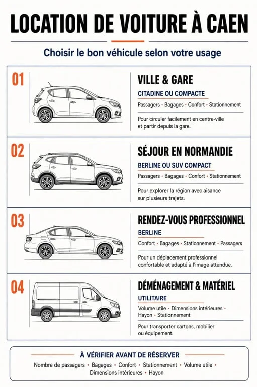 Location voiture à Caen : catégories de véhicules selon les usages et les trajets