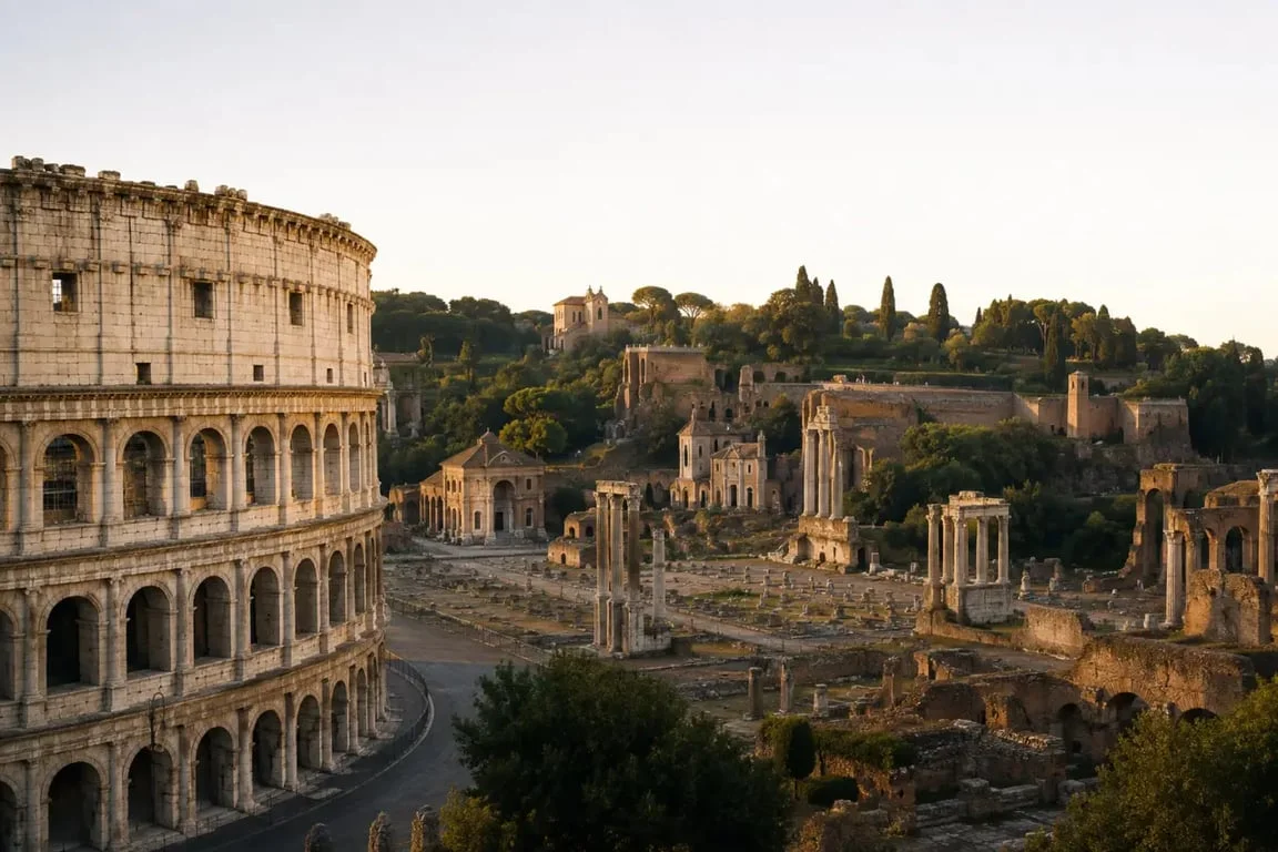 Monument à Rome : le Colisée, le Forum romain et le Mont Palatin au lever du jour