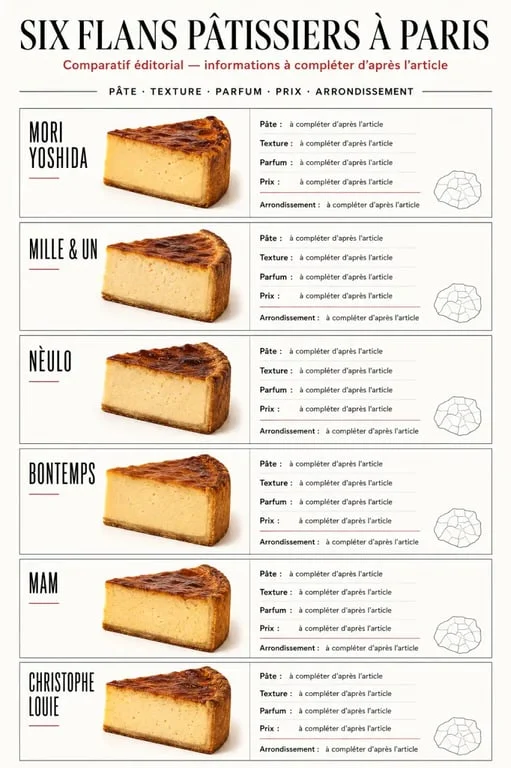 Infographie comparative du meilleur flan paris selon la pâte, la texture, le parfum et le prix