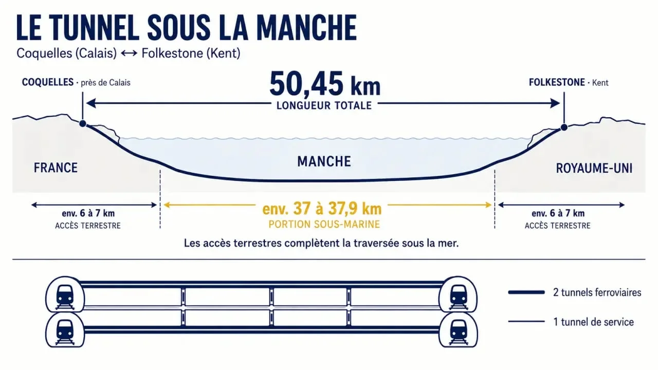 Infographie sur la longueur tunnel sous manche : 50,45 km au total dont environ 37,9 km sous la mer